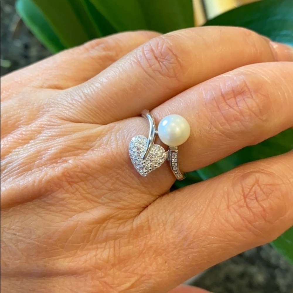 Sterling Silver leaf CZ Pearl Ring size 6 7 8 9